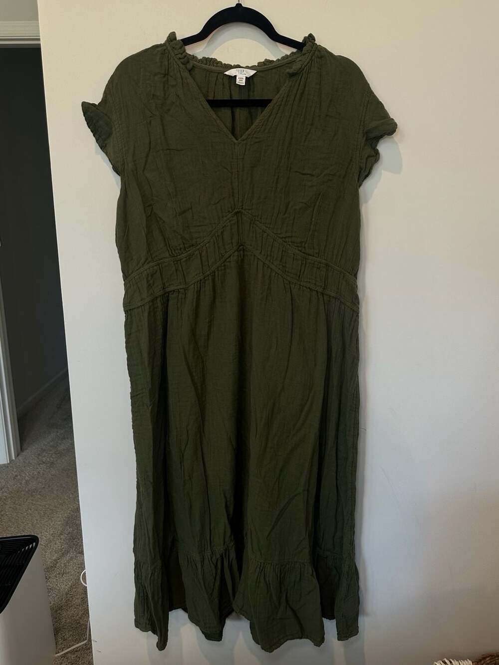 Time and Tru Women Green Cotton V-Neck Ruffle Cap Sleeve Tiered Midi Dress Size